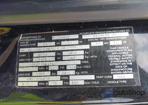 2011 Mercedes-Benz Sprinter 2500 High Roof z USA, uszkodzony, nr VIN WD3PE8CC2B5515120